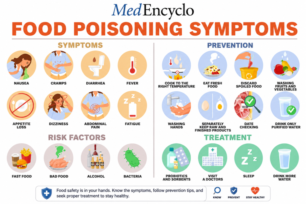A clinical infographic outlining the major symptoms, home care steps, and core risk factors of foodborne illnesses