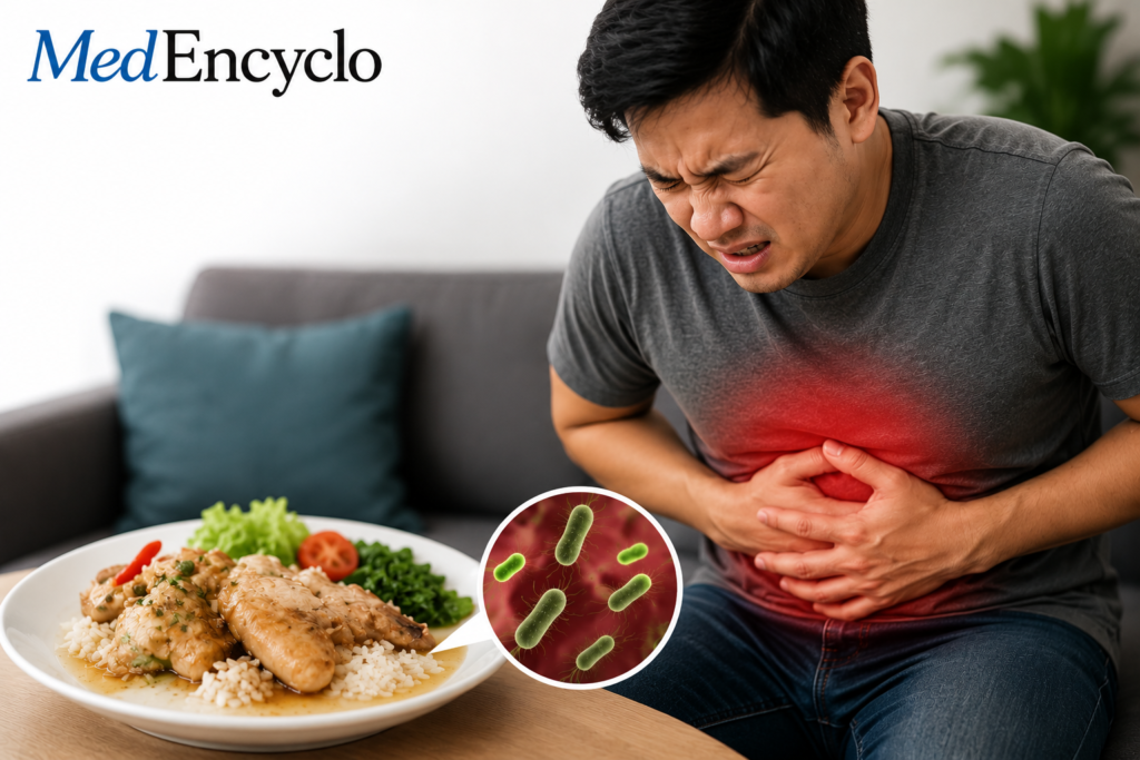 A person experiencing sudden, intense abdominal cramps and stomach pain due to contaminated food