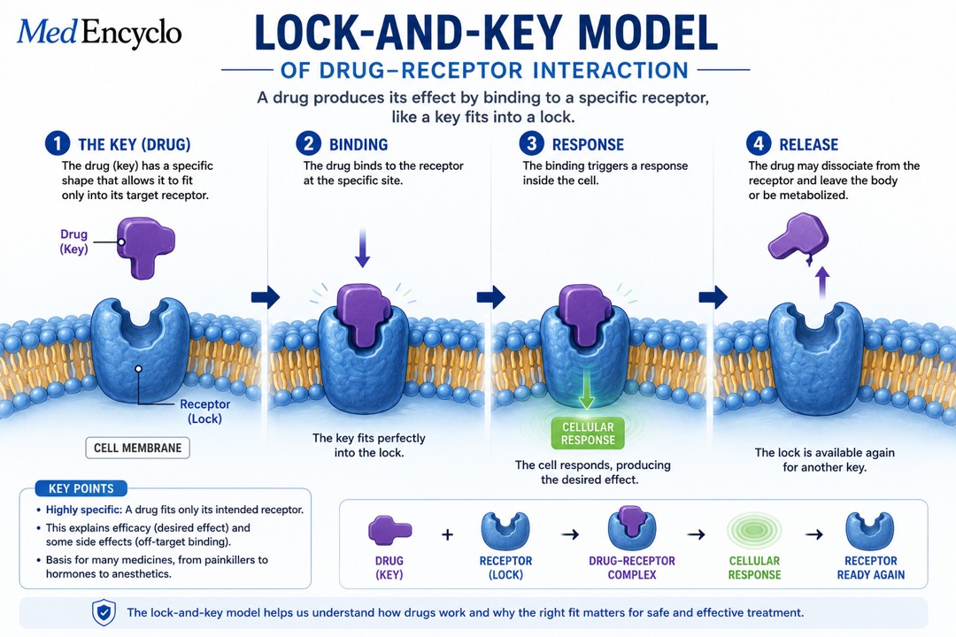 Lock-and-key illustration of a drug-receptor interaction on a cell membrane